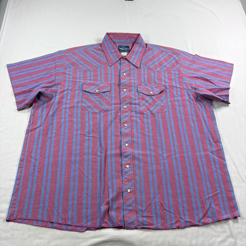 Vintage Wrangler Shirt Mens 2XB Big Man Pink Blue Striped Pearl Snap Western